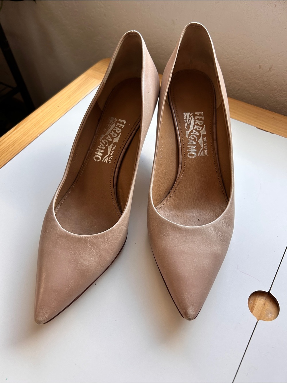 Salvatore Ferragamo Beige Pointed-Toe Leather Pumps